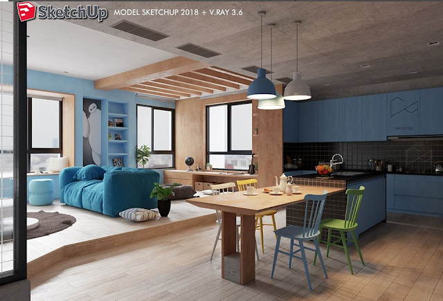 3D Interior Kitchen- Livingroom 2 Scenes File Sketchup Free Download